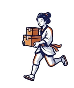 A 飛脚 courier carrying parcels, illustrating real-time visibility