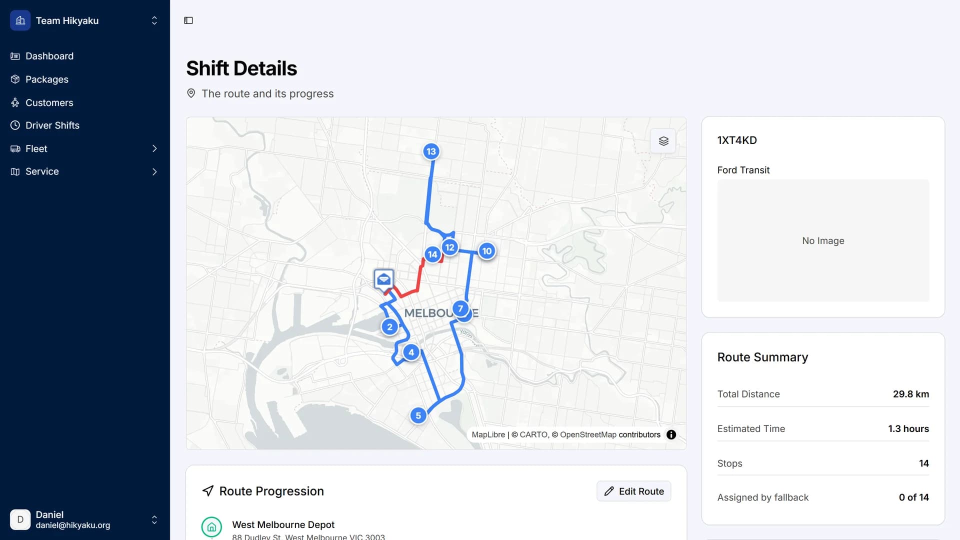 Hikyaku dispatch board showing a driver's optimised multi-stop route on a map of Melbourne, with the route summary alongside