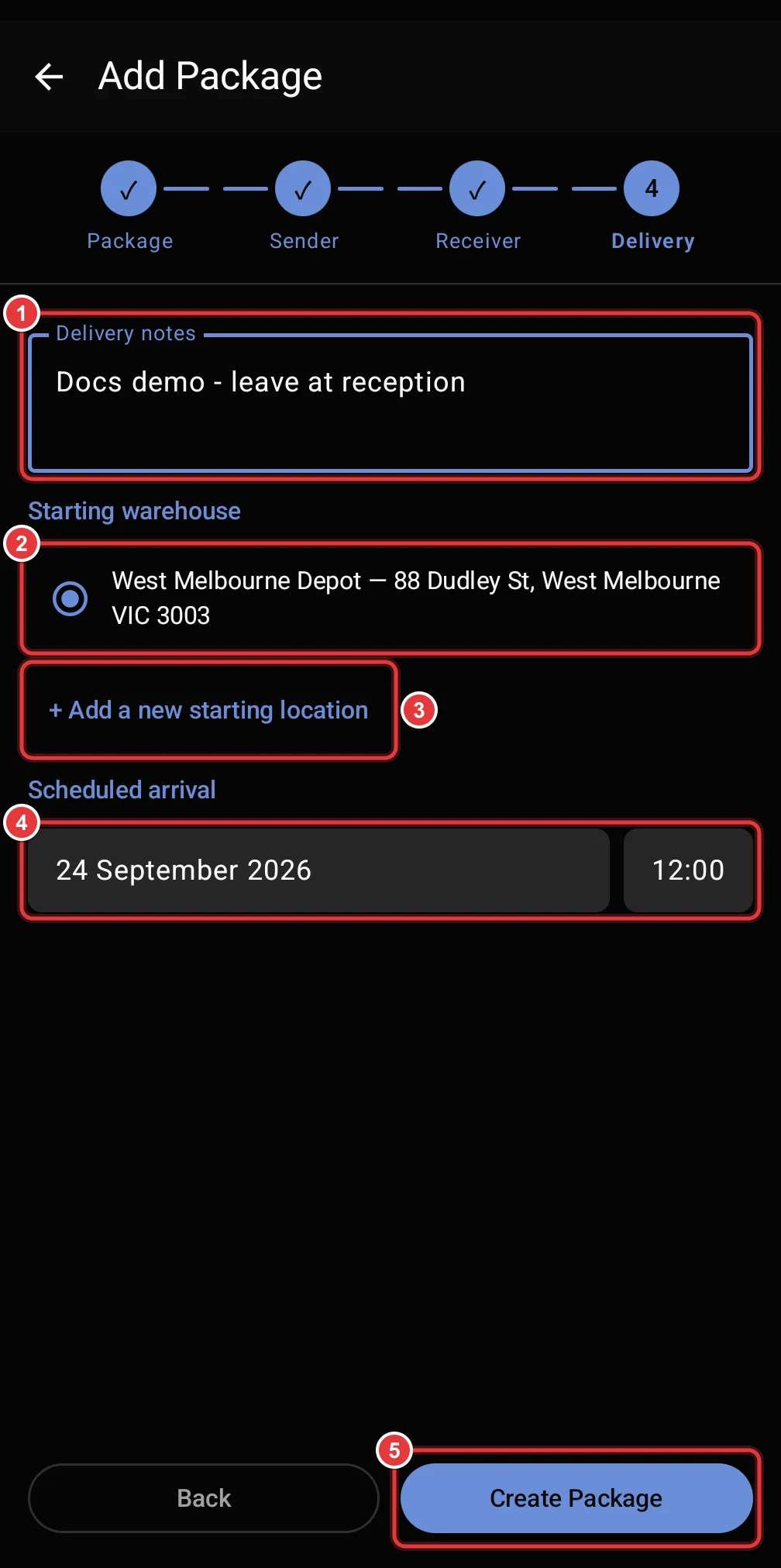 Step 4 of Add Package. The Delivery notes, the warehouse, Add a new starting location, Scheduled arrival and Create Package are marked.