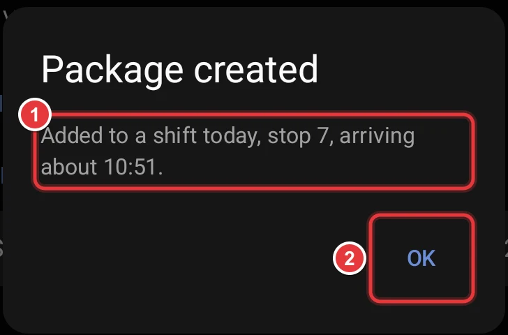 The Package created dialog. The result text and the OK button are marked.