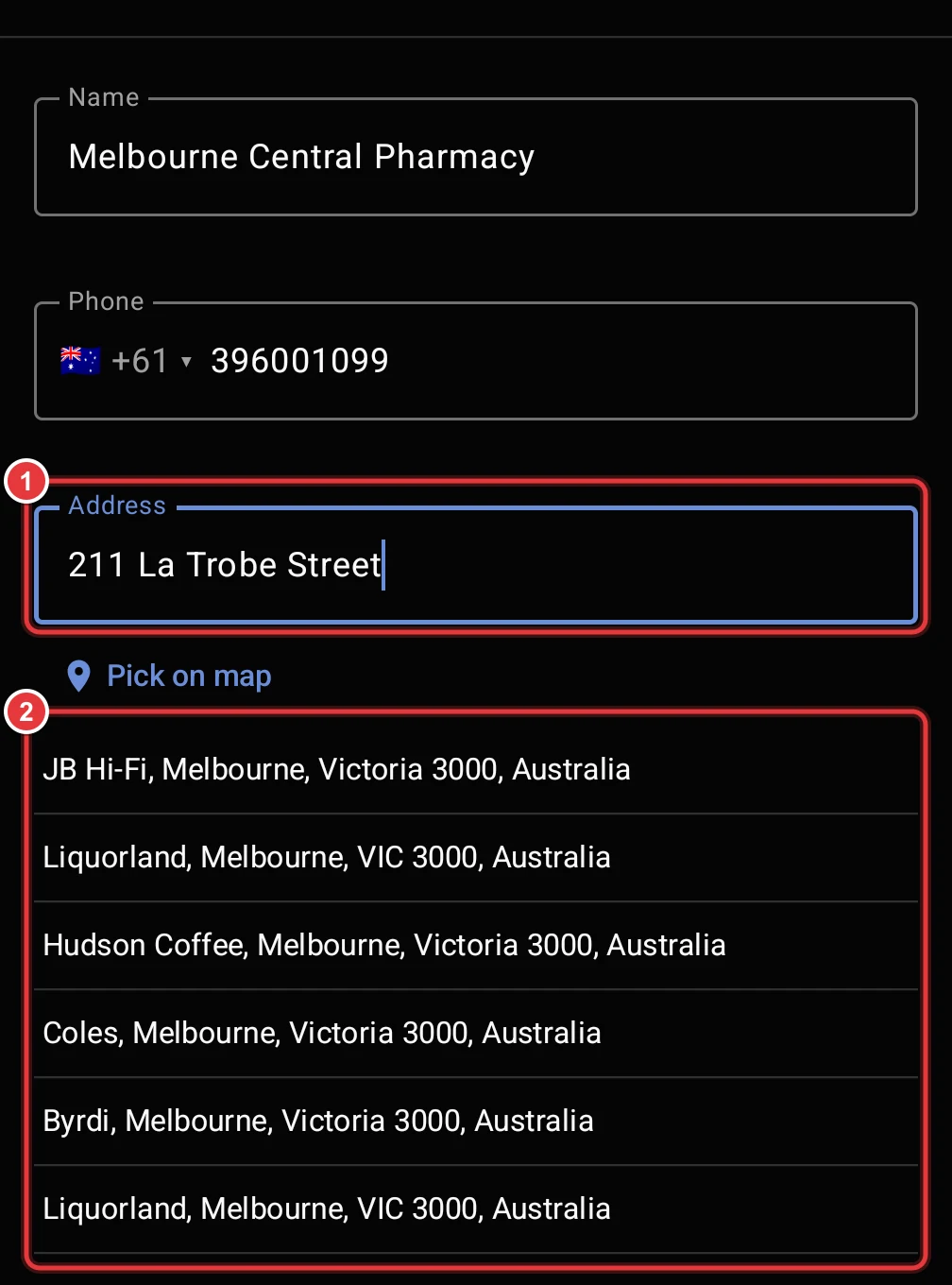 The address list below the Address field. The field and the list of results are marked.