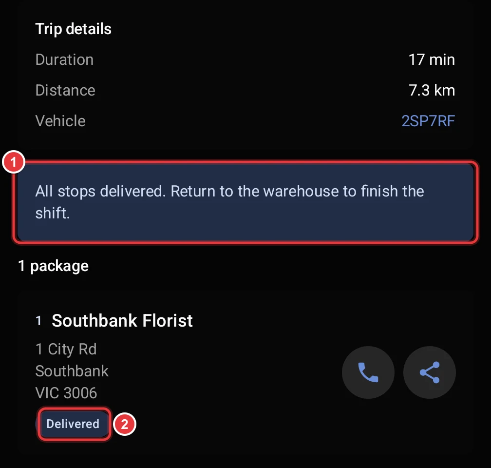 The shift after the last delivery. The All stops delivered banner and the Delivered status are marked.