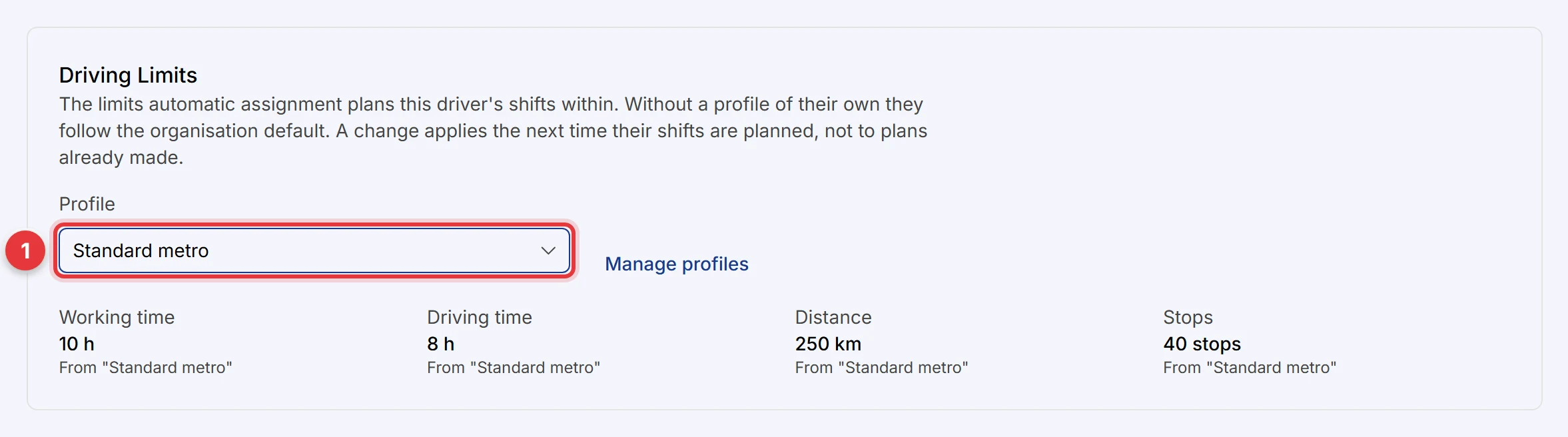 The Driving Limits card on a driver's page. The profile selector is marked.