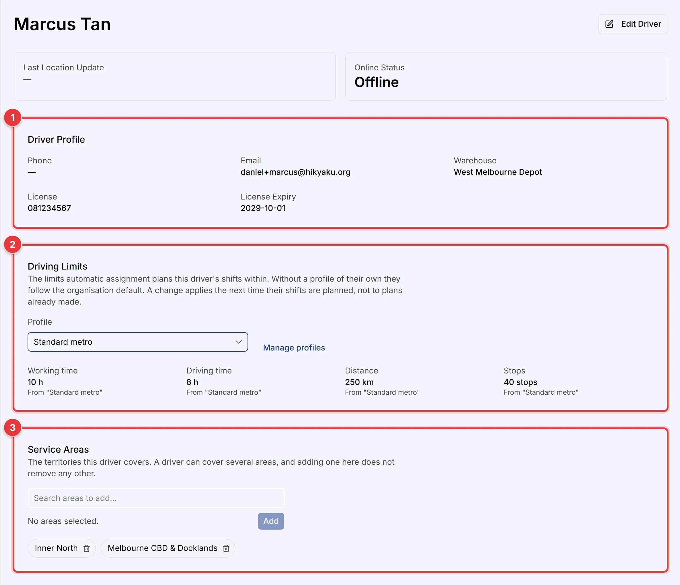 The top of a driver's page. The Driver Profile, the Driving Limits card and the Service Areas card are marked.