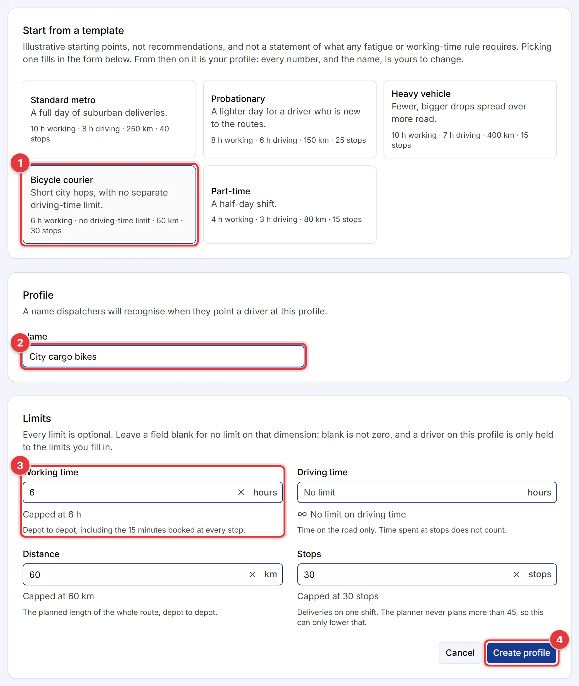The Add Driving Limit Profile form. A template, the Name field, the Working time field and the Create profile button are marked.