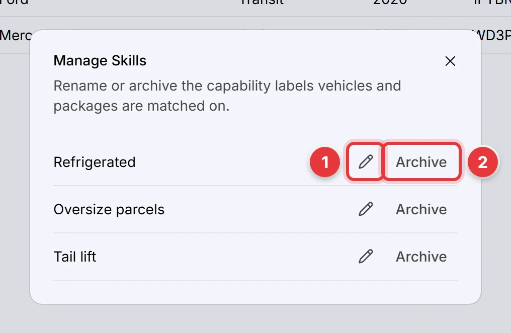 The Manage Skills dialog. The pencil icon and the Archive button of the first skill are marked.