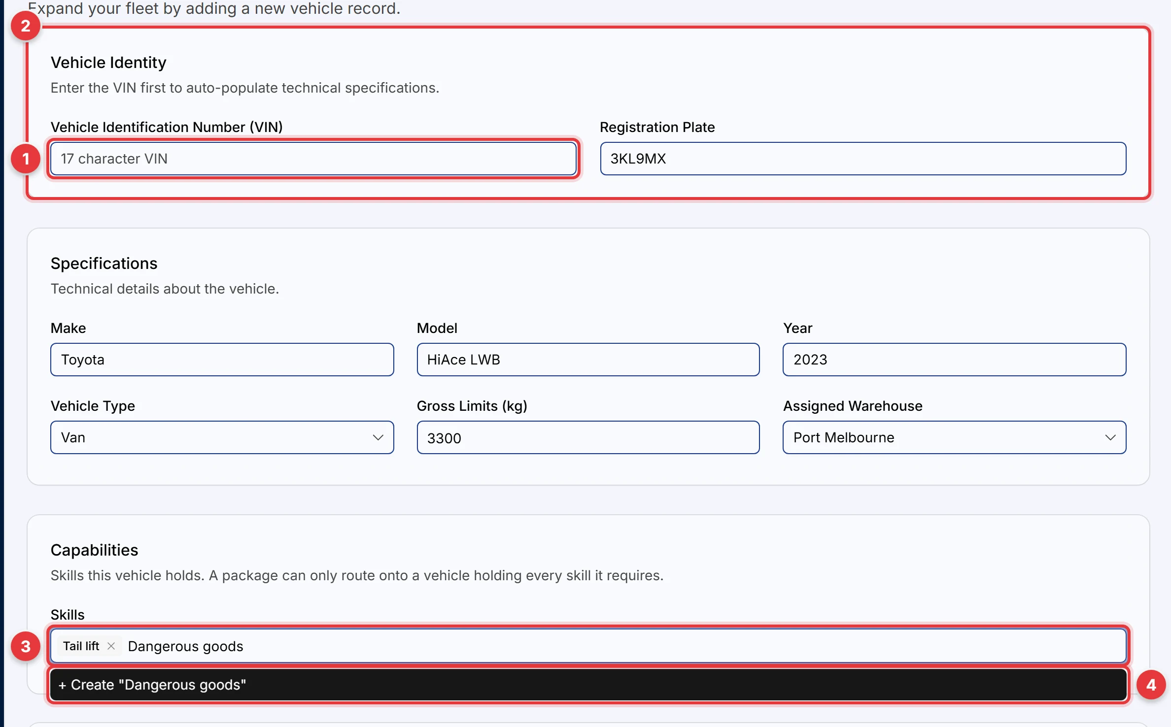 The Add New Vehicle form. The VIN field, the Specifications card and the Skills field are marked.