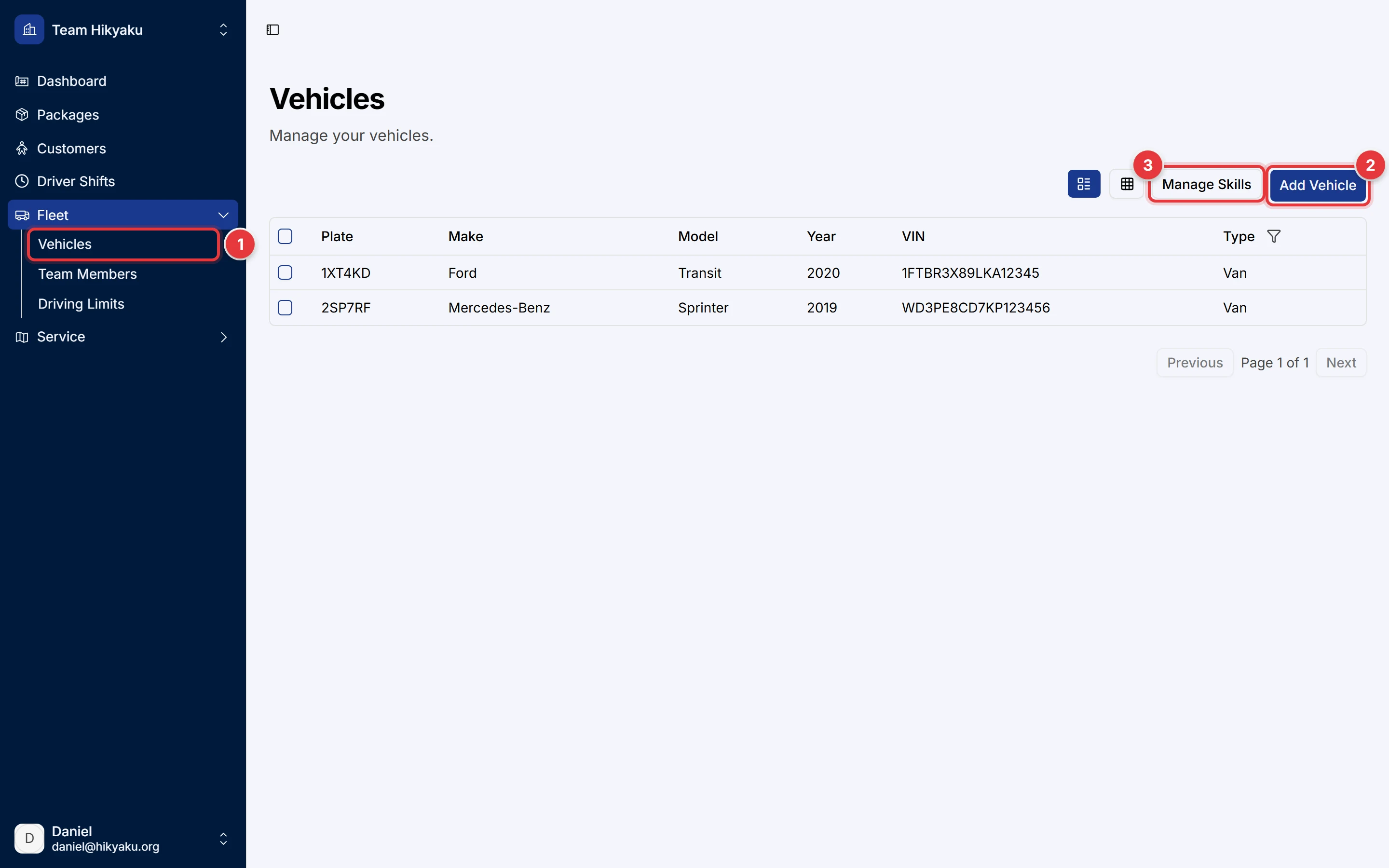 The Vehicles page. The sidebar shows Fleet, then Vehicles. The Manage Skills and Add Vehicle buttons are at the top right.
