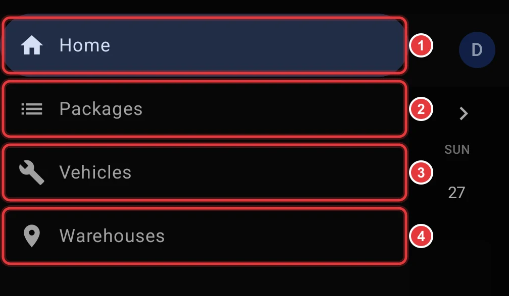 The navigation menu with the Home, Packages, Vehicles and Warehouses items marked.