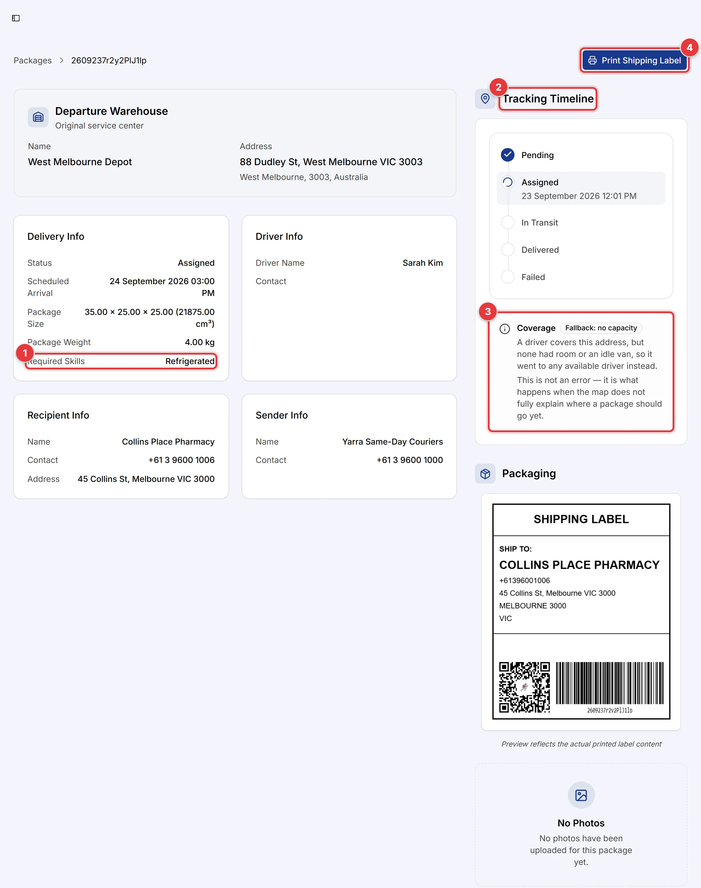 The package page. The Required Skills, the Tracking Timeline, the Coverage note and the Print Shipping Label button are marked.