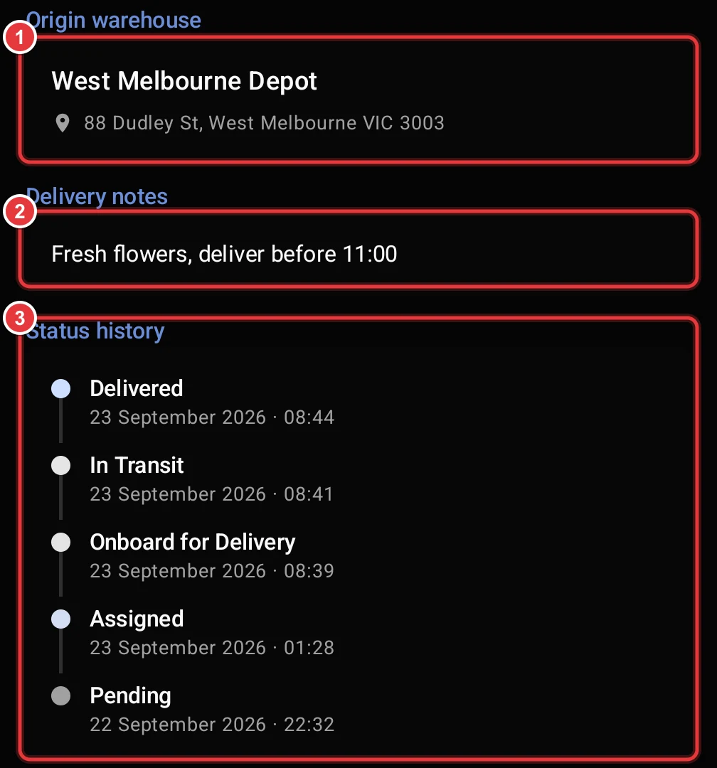 The lower part of the Package screen. The Origin warehouse, the Delivery notes and the Status history are marked.