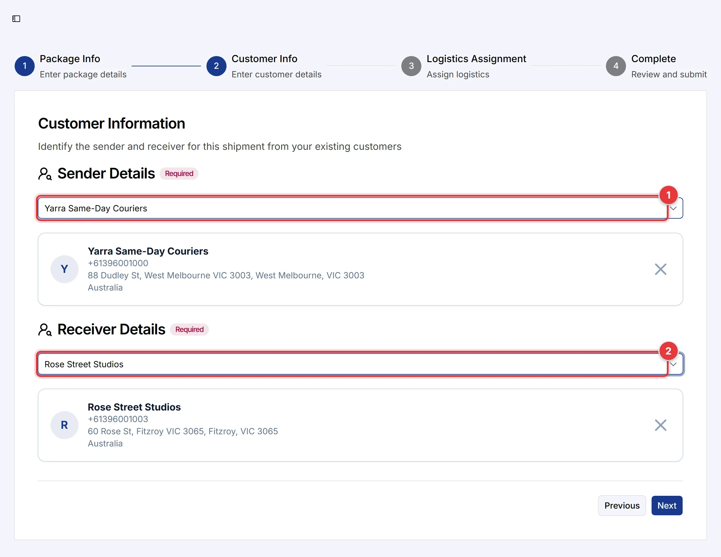 Step 2 of Add Package. The Sender Details field and the Receiver Details field are marked.