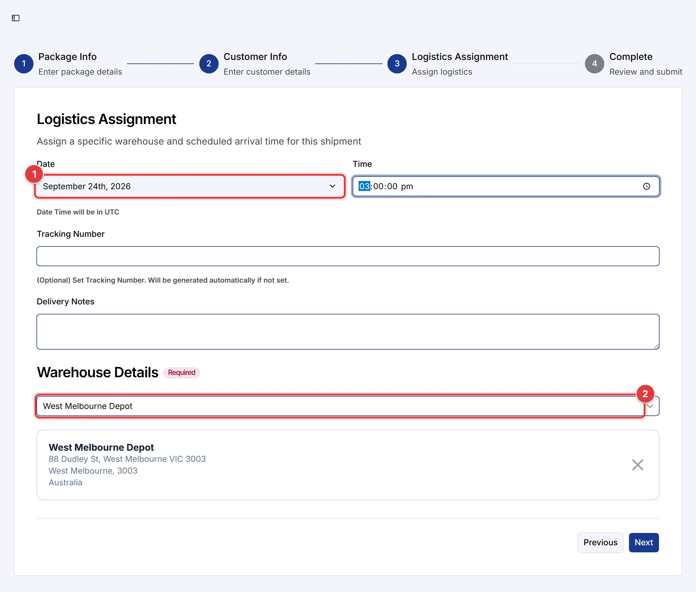 Step 3 of Add Package. The Date field and the Warehouse Details field are marked.