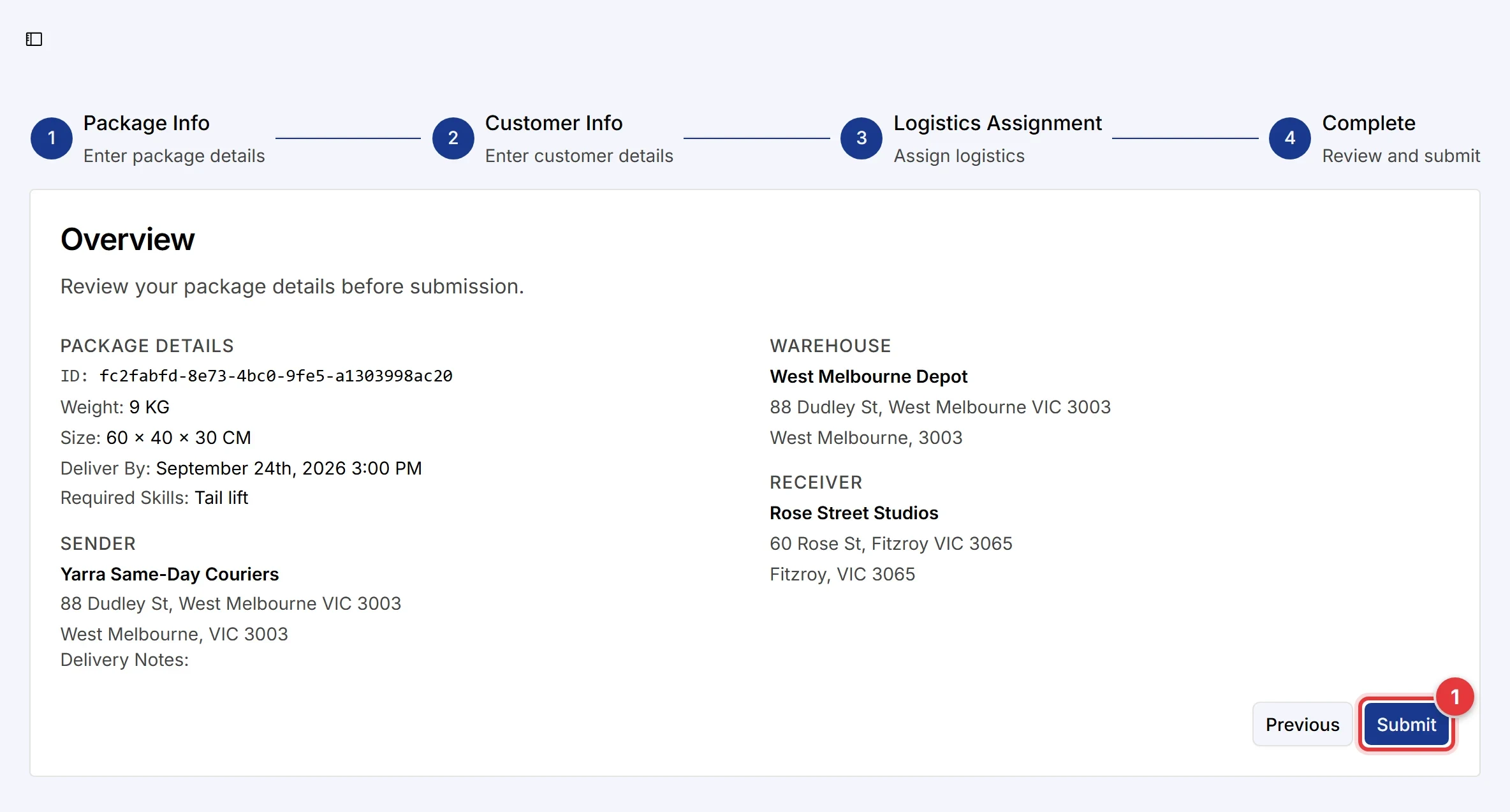 Step 4 of Add Package. The Submit button is marked.