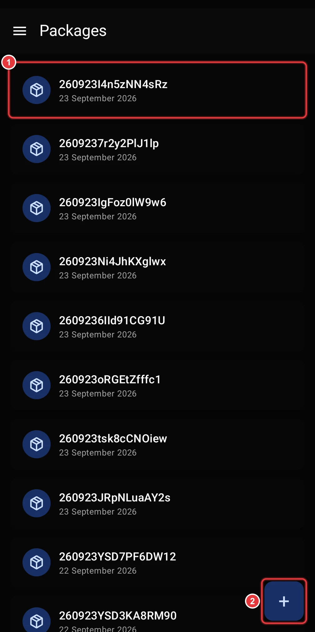 The Packages screen. A package row and the add button are marked.
