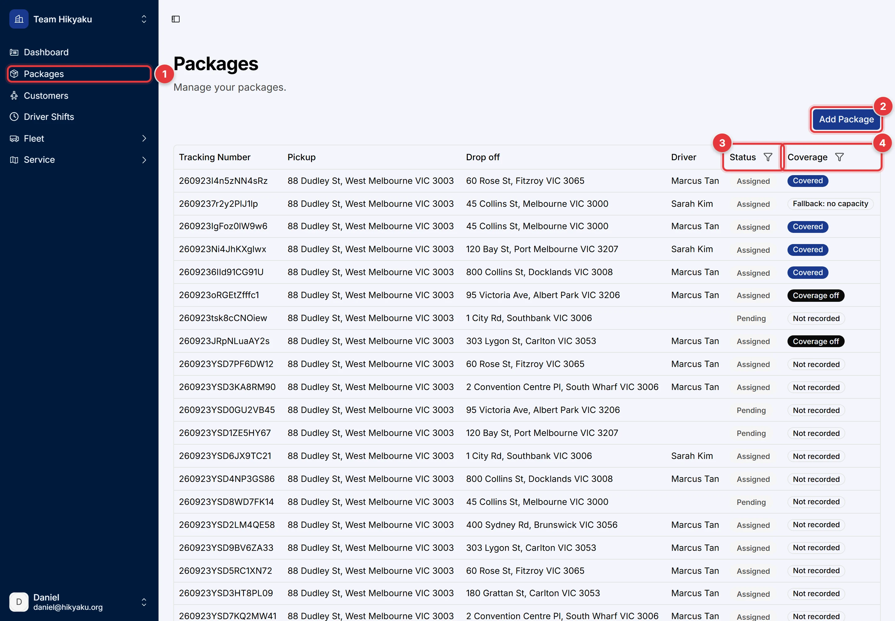The Packages page. The sidebar item, the Add Package button, the Status column and the Coverage column are marked.
