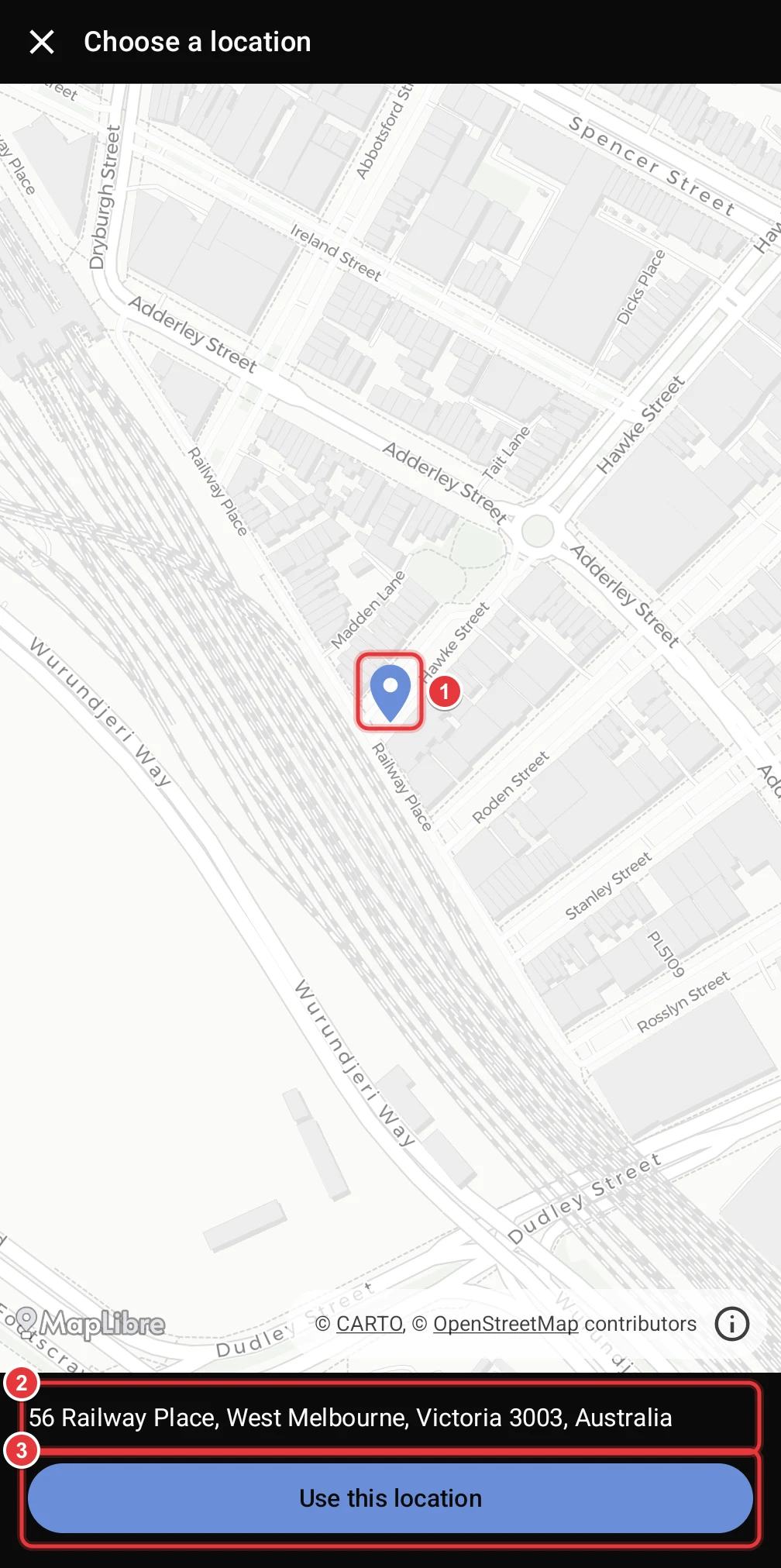The Choose a location screen. The pin, the address below the map and the Use this location button are marked.
