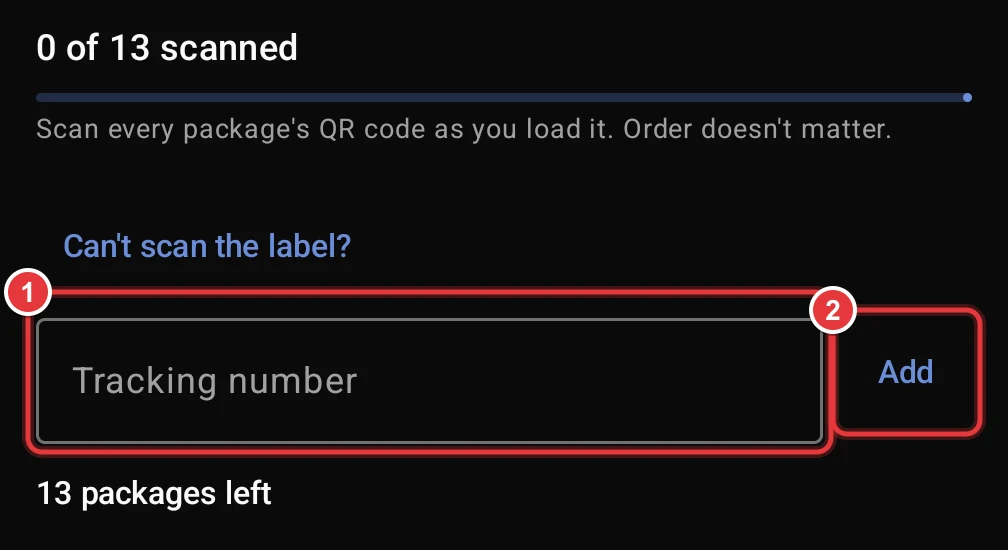 The manual entry field. The Tracking number field and the Add button are marked.