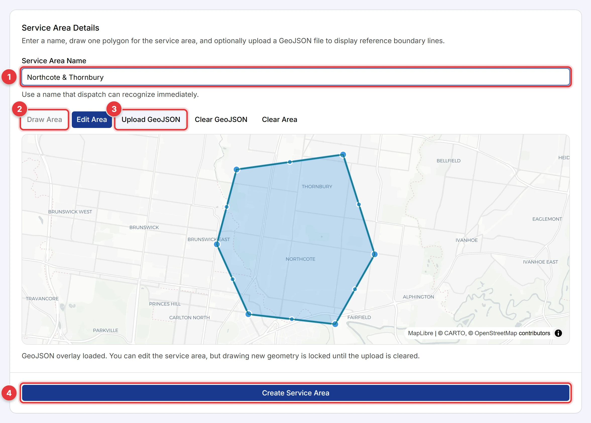 The Add Service Area form. The name field, the Draw Area button, the Upload GeoJSON button and the Create Service Area button are marked.