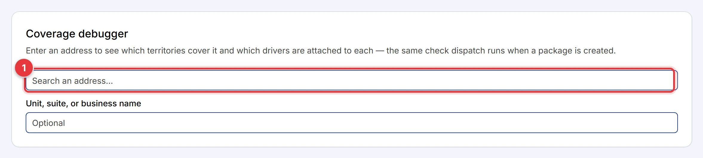 The Coverage debugger below the list of service areas. The address field is marked.