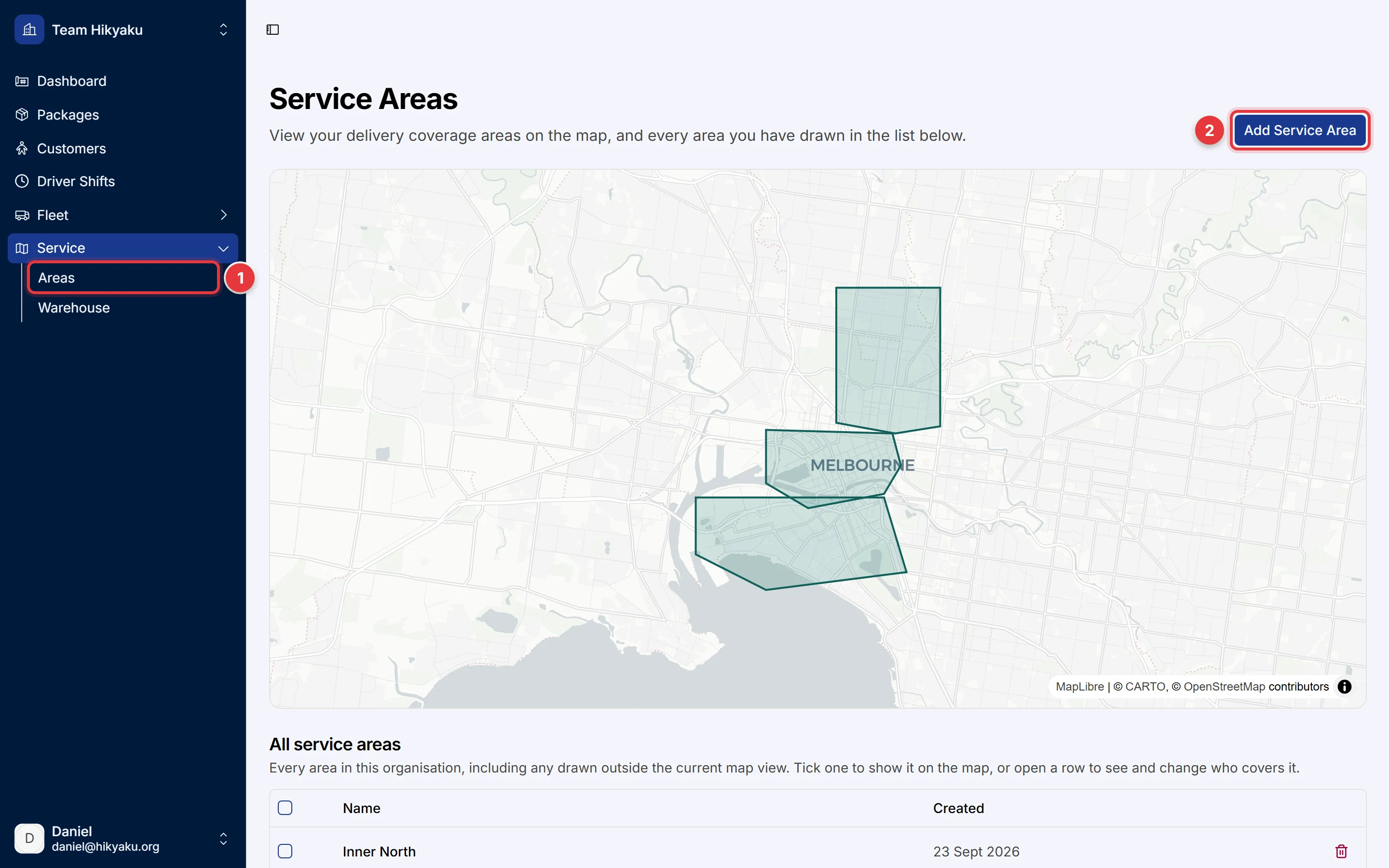 The Service Areas page. The sidebar shows Service, then Areas. The Add Service Area button is at the top right.