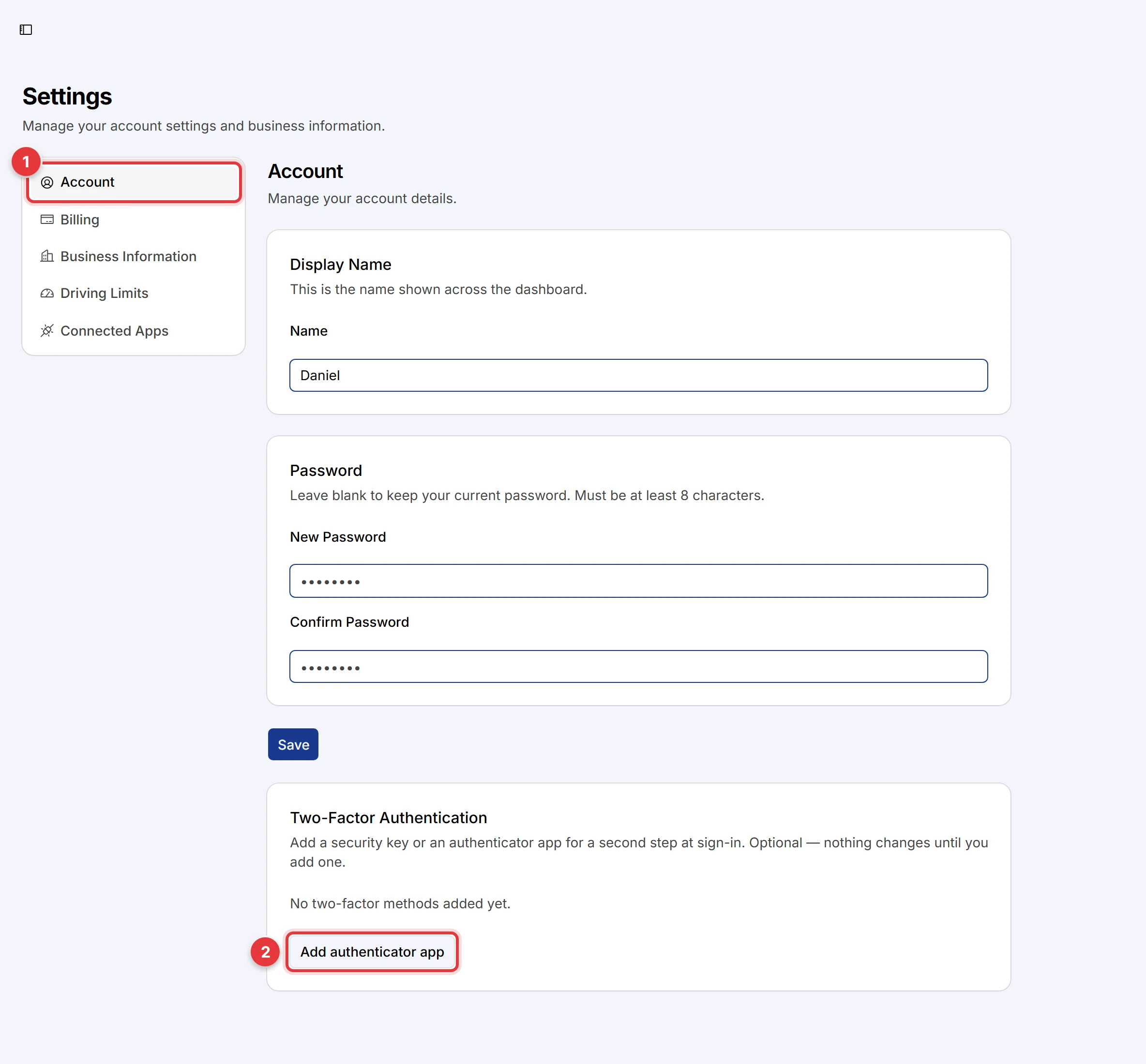 The Account tab. The Account tab and the Add authenticator app button are marked.