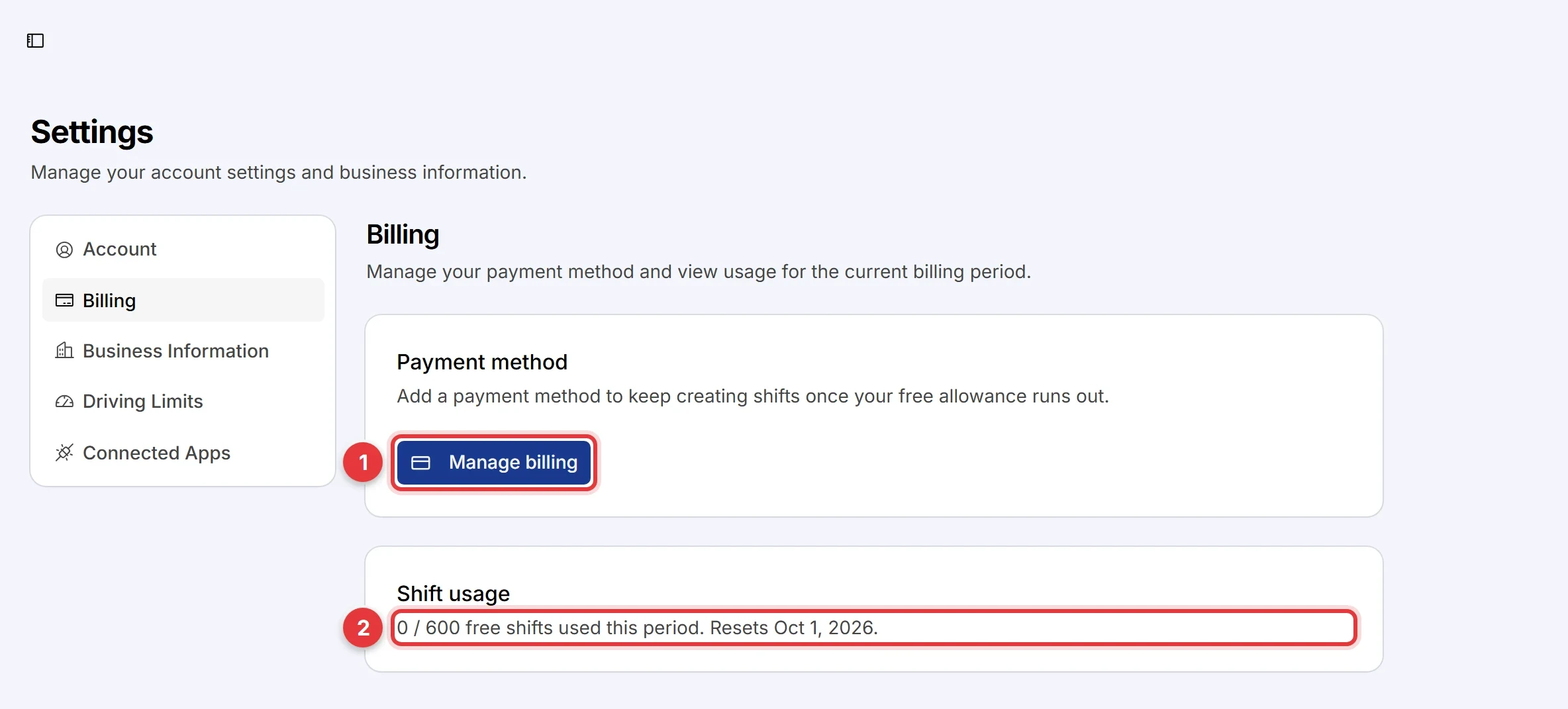 The Billing tab. The Manage billing button and the shift usage line are marked.