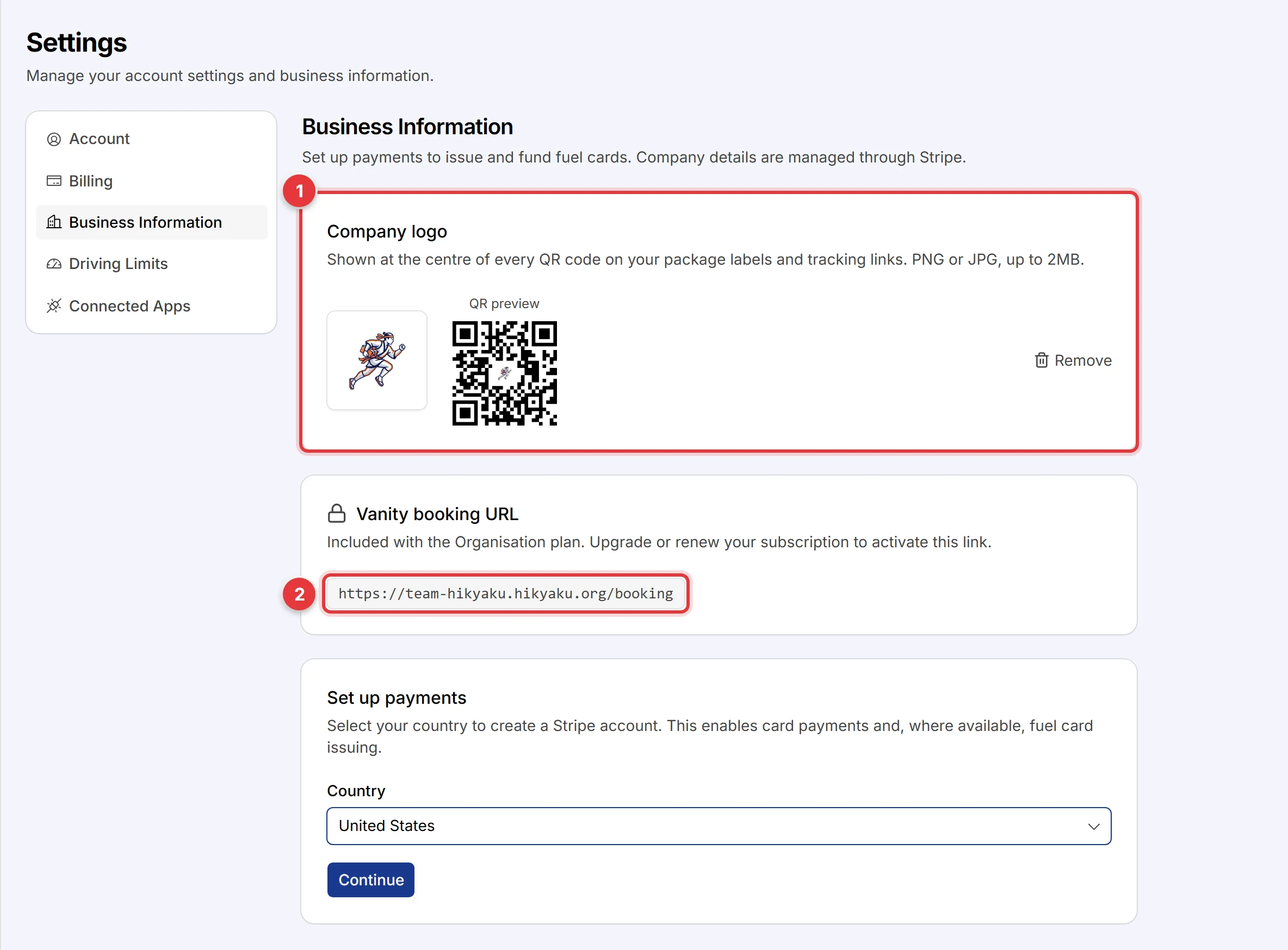 The Business Information tab. The Company logo card and the vanity booking URL are marked.