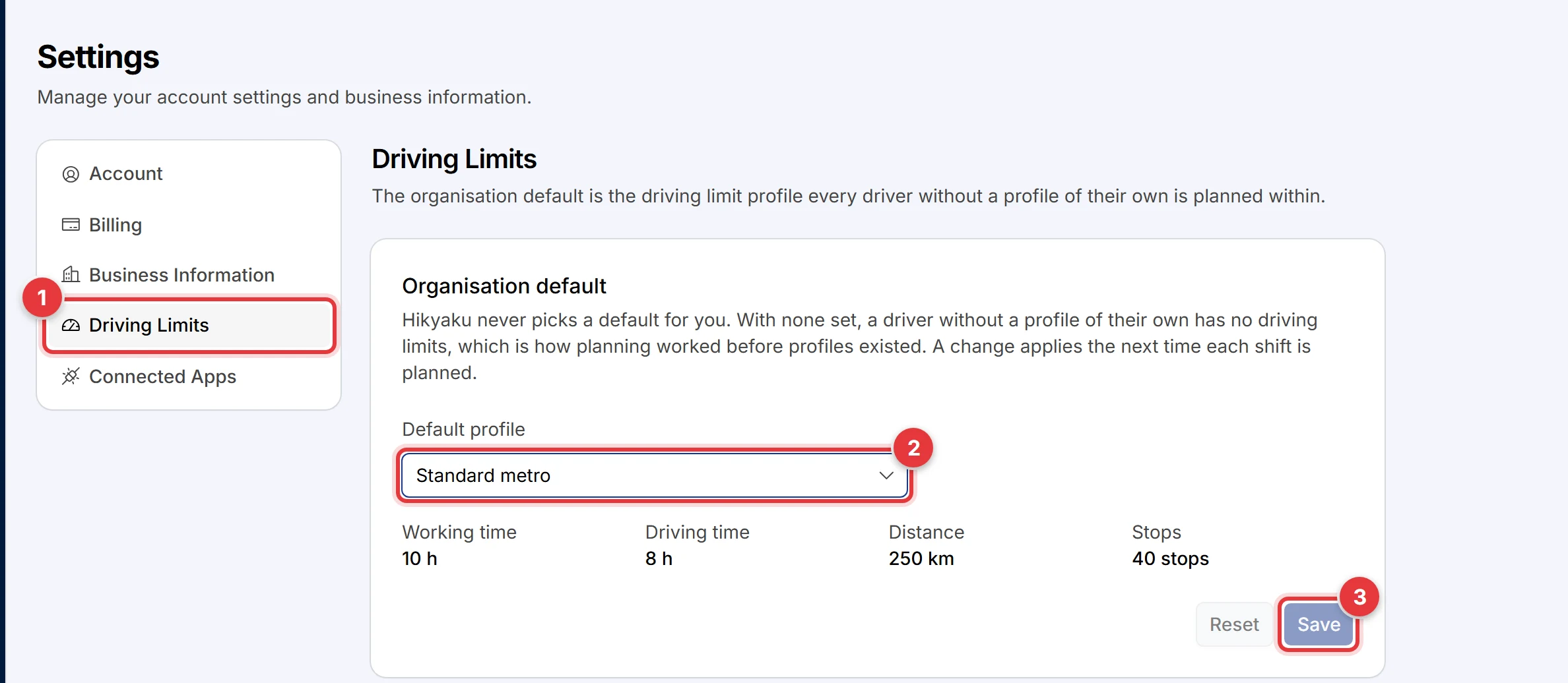 The Driving Limits tab of Settings, with Standard metro selected as the default profile.