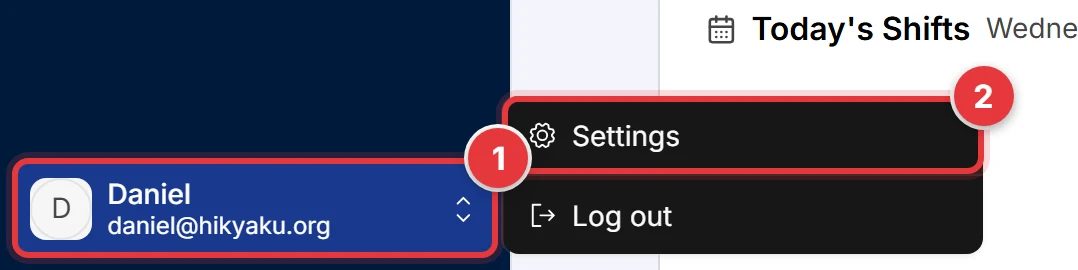 The user menu at the bottom of the sidebar. The name button and the Settings item are marked.