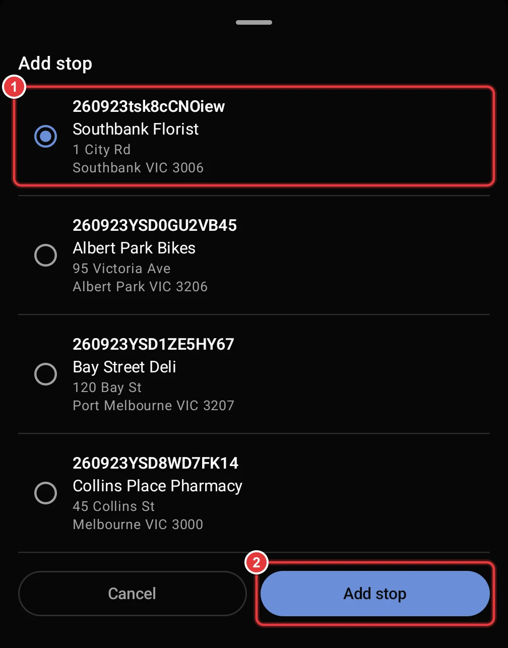 The Add stop panel. A package and the Add stop button are marked.