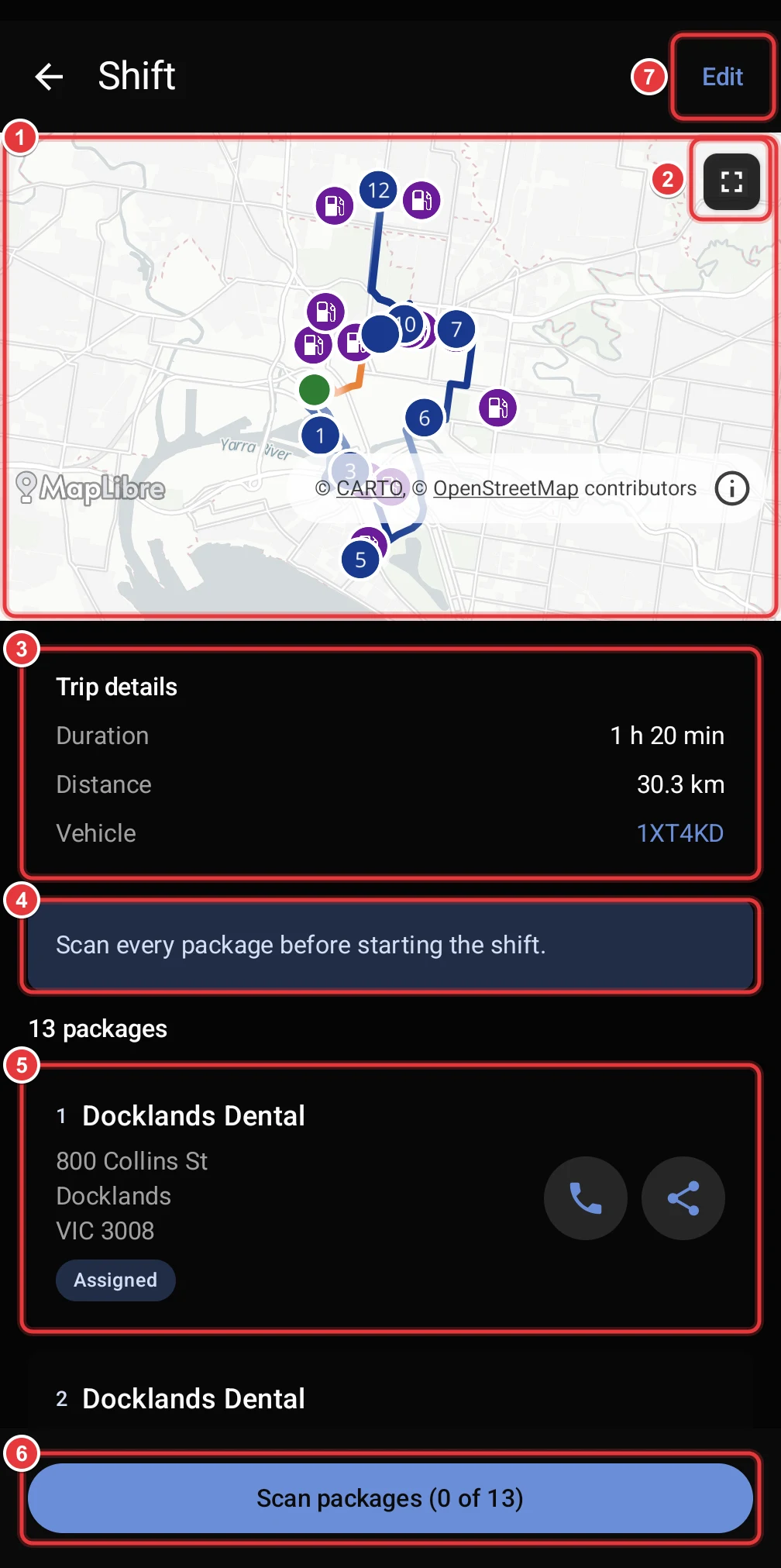 The Shift screen before the shift starts. The route map, the full-screen button, Trip details, the scan banner, a stop card, the Scan packages button and the Edit button are marked.