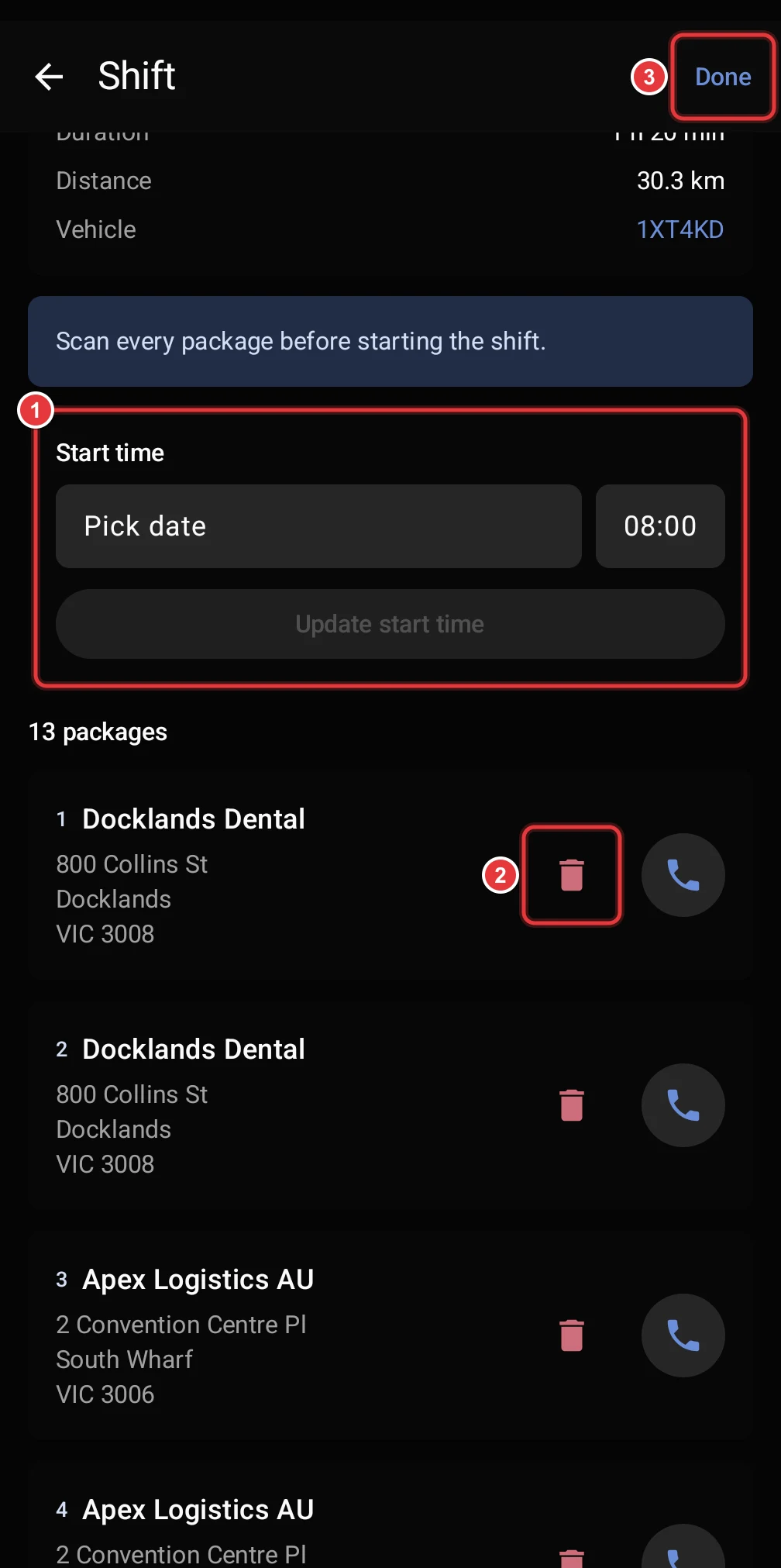 The Shift screen in edit mode. The Start time card, a remove-stop icon and the Done button are marked.