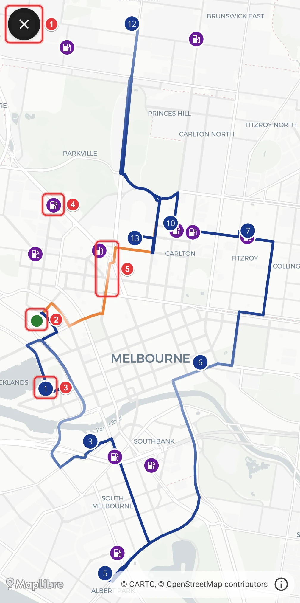 The full-screen route map. The close button, the warehouse, stop 1, a fuel station and the return trip are marked.