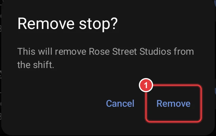 The Remove stop dialog. The Remove button is marked.