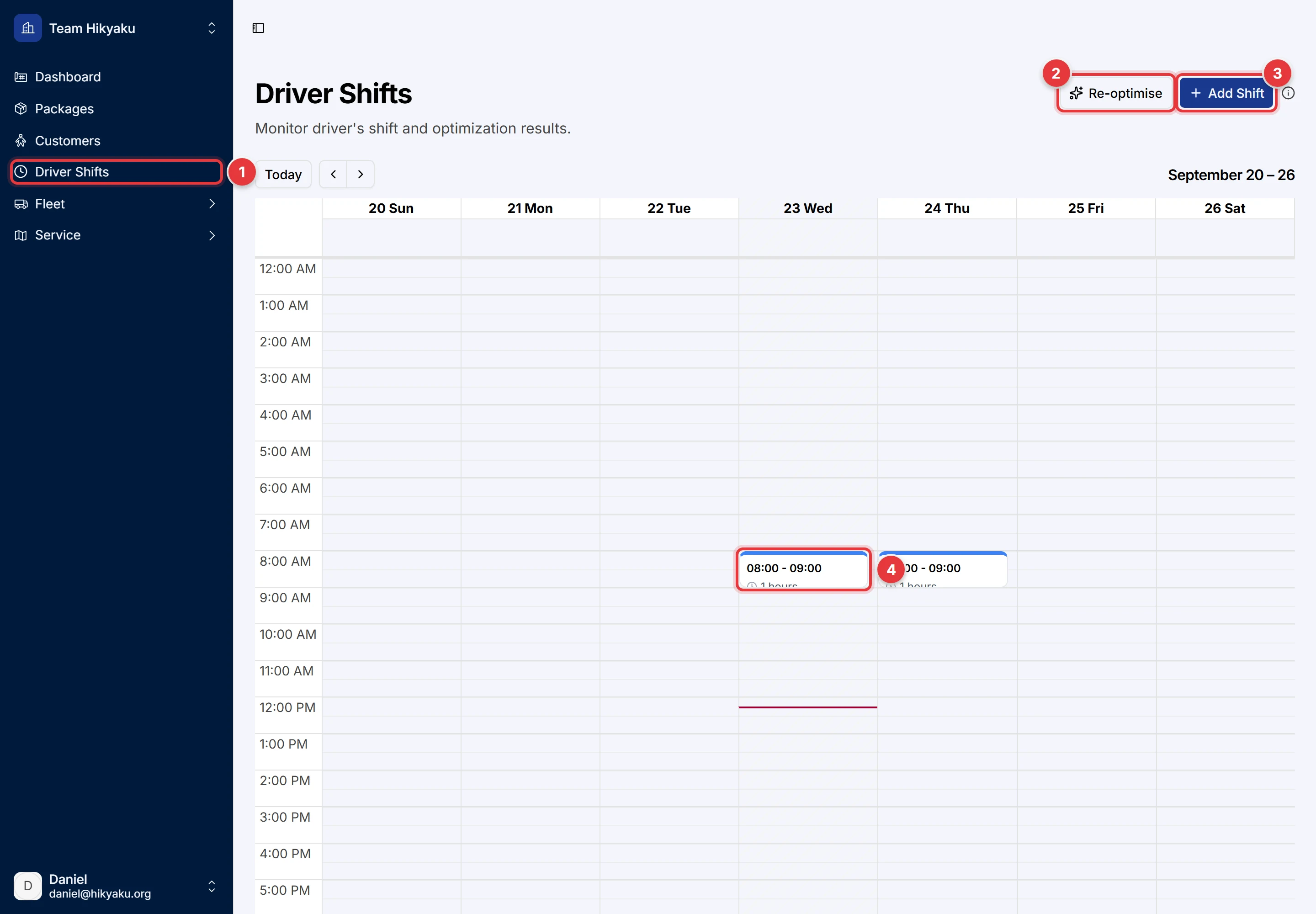 The Driver Shifts page. The sidebar item, the Re-optimise button, the Add Shift button and a shift on the calendar are marked.