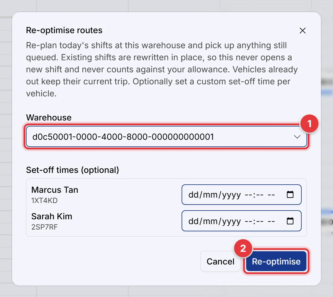 The Re-optimise routes dialog. The Warehouse field and the Re-optimise button are marked.