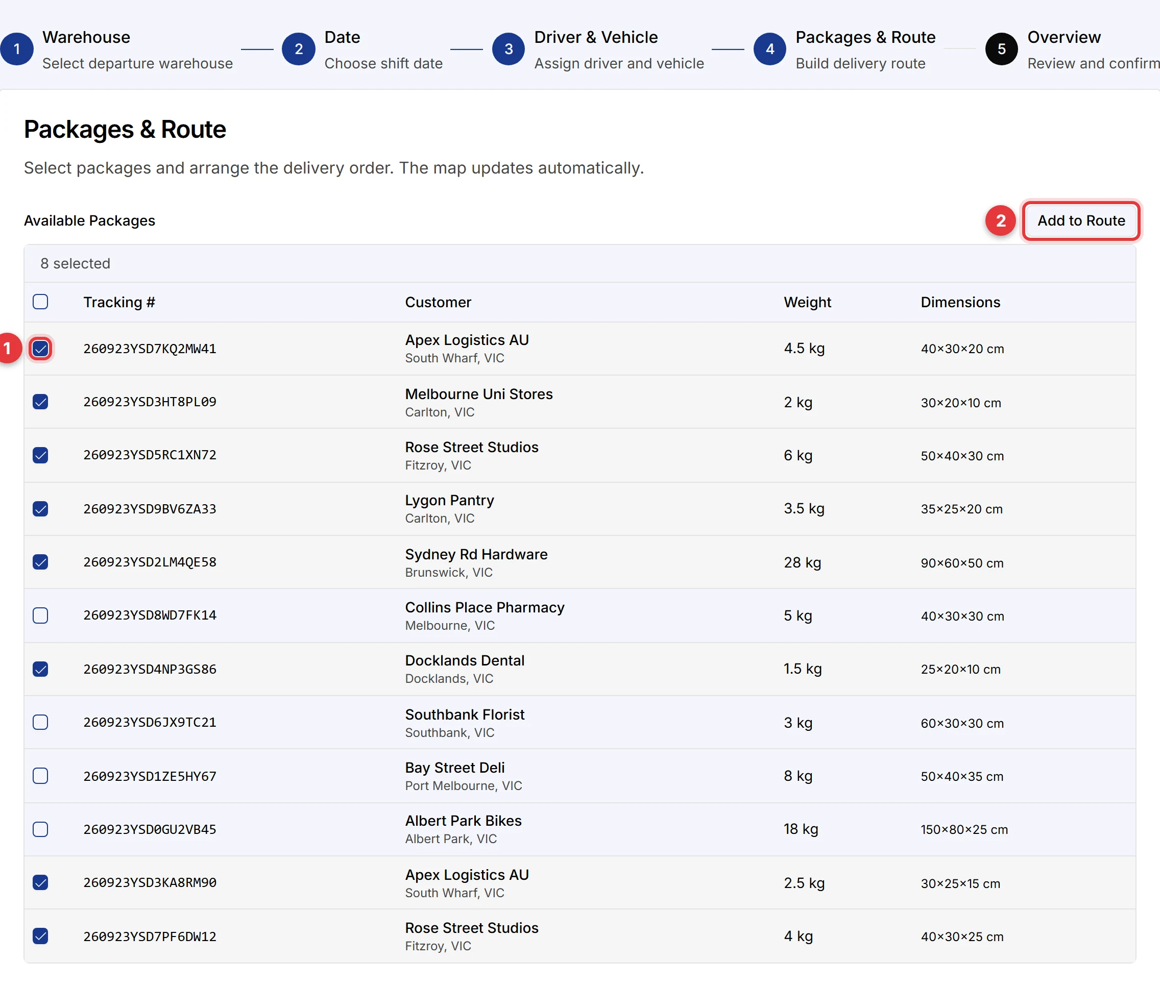 Step 4 of Create Manual Shift. A package checkbox and the Add to Route button are marked.