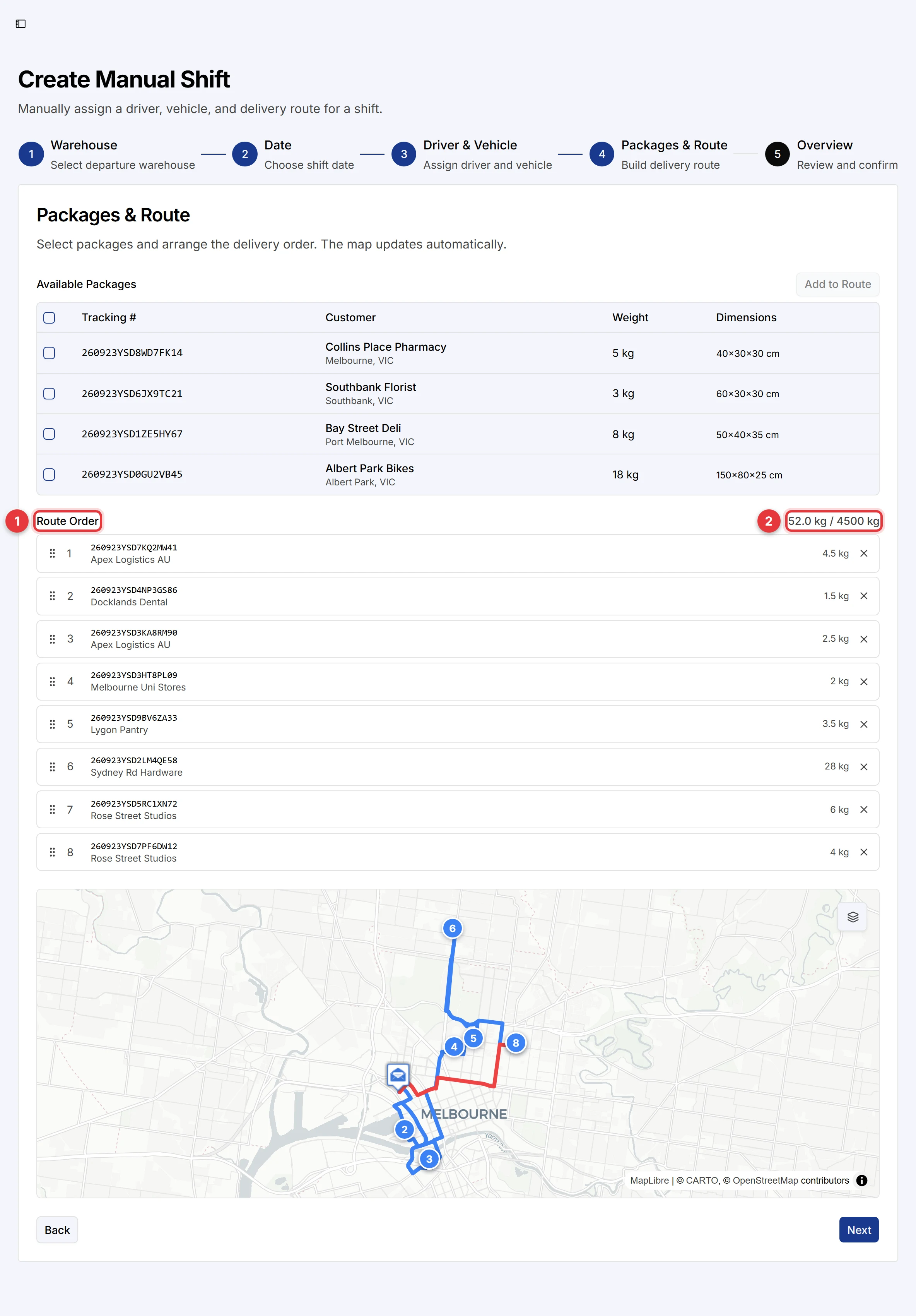 The route order and the map after the packages were added. The Route Order heading and the load against the capacity are marked.
