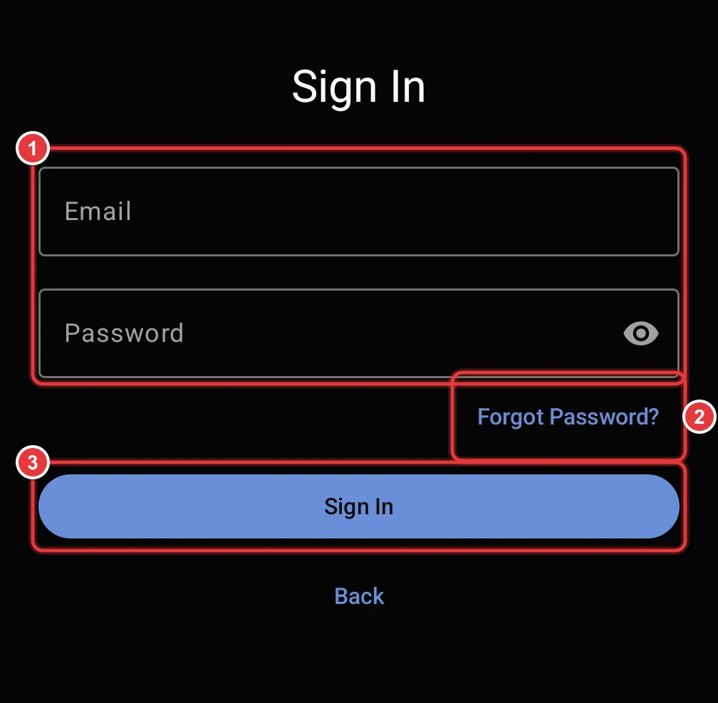 The Sign In screen. The email and password fields, the Forgot Password link and the Sign In button are marked.