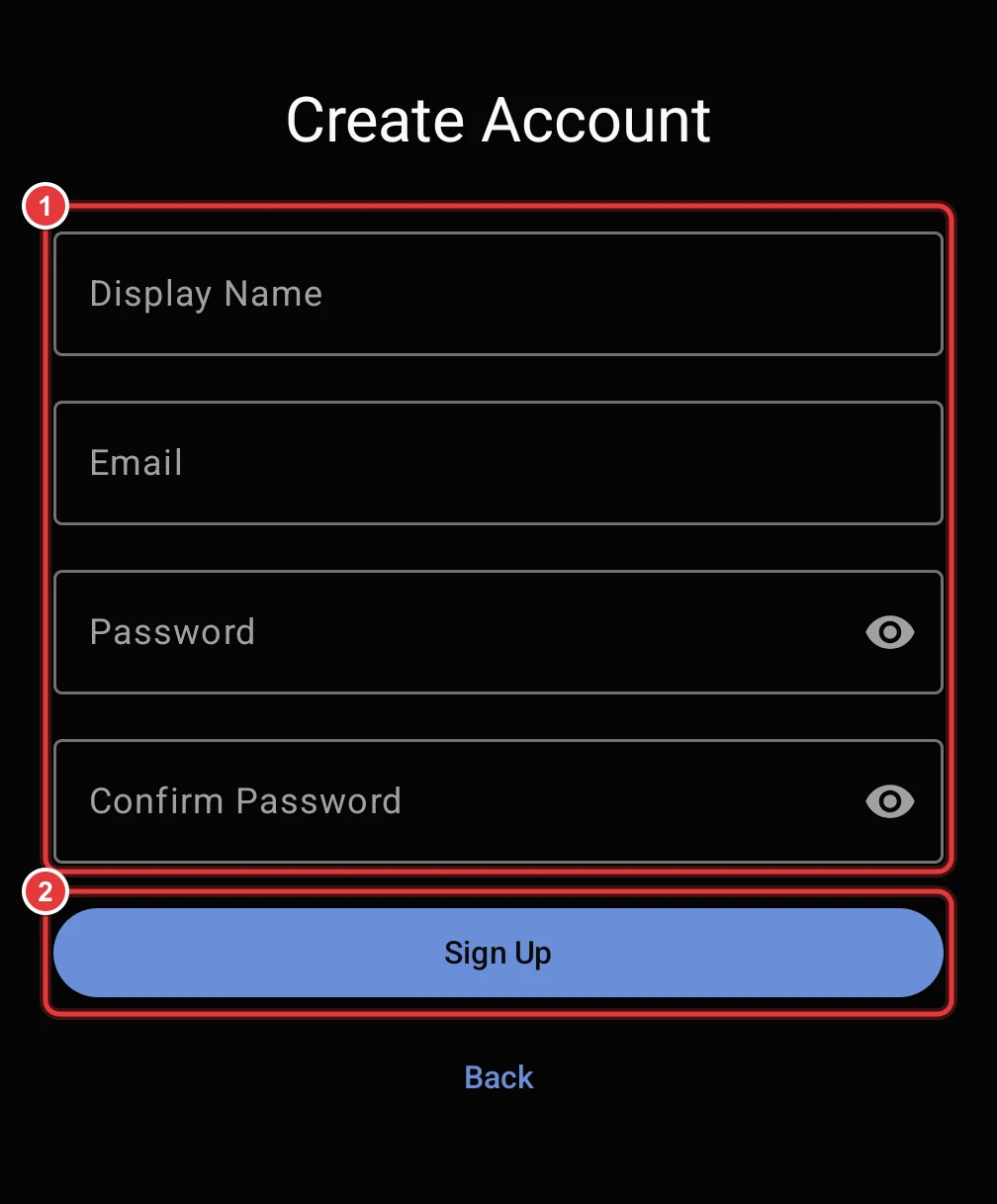 The Create Account screen. The four fields and the Sign Up button are marked.