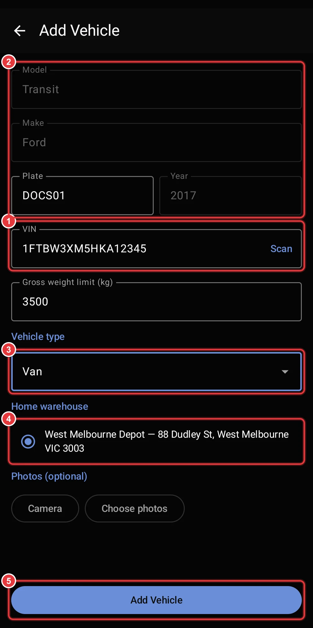 The Add Vehicle screen. The VIN, the details from the VIN, the vehicle type, the home warehouse and the Add Vehicle button are marked.
