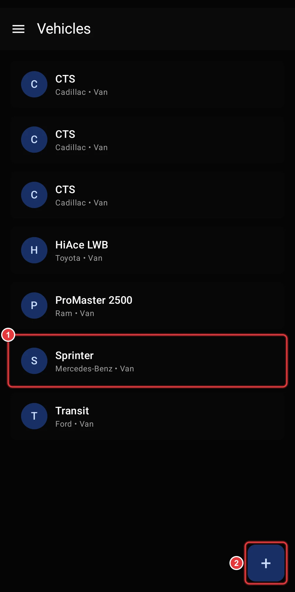 The Vehicles screen. A vehicle row and the add button are marked.