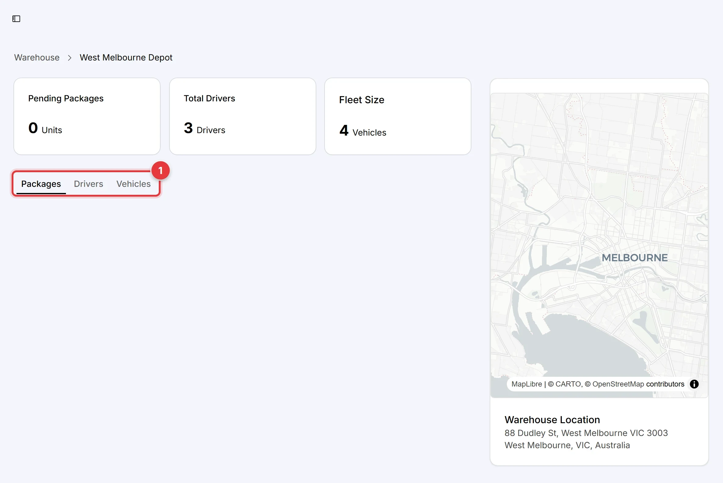 The page of a warehouse. It shows summary cards, a map and the Packages, Drivers and Vehicles tabs, which are marked.