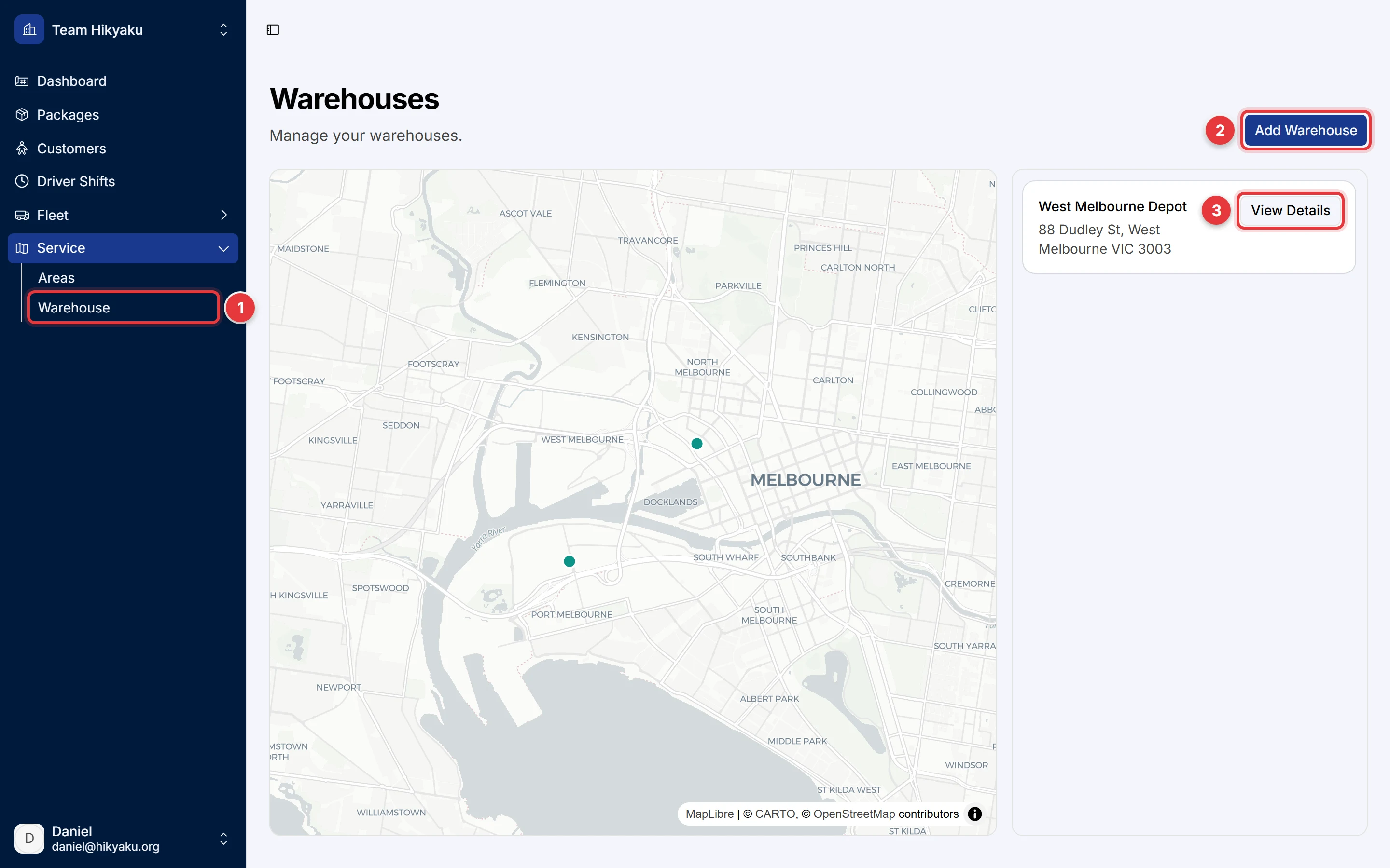 The Warehouses page. The sidebar item, the Add Warehouse button and the View Details button are marked.